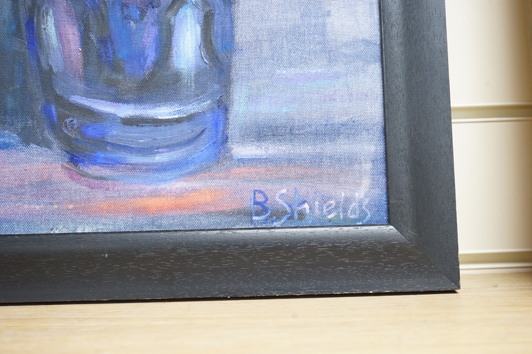 B. Shields, Orchid in Moroccan pot, signed, oil on board, together with another Still life on canvas by the same artist, largest 49 x 42cm, unframed